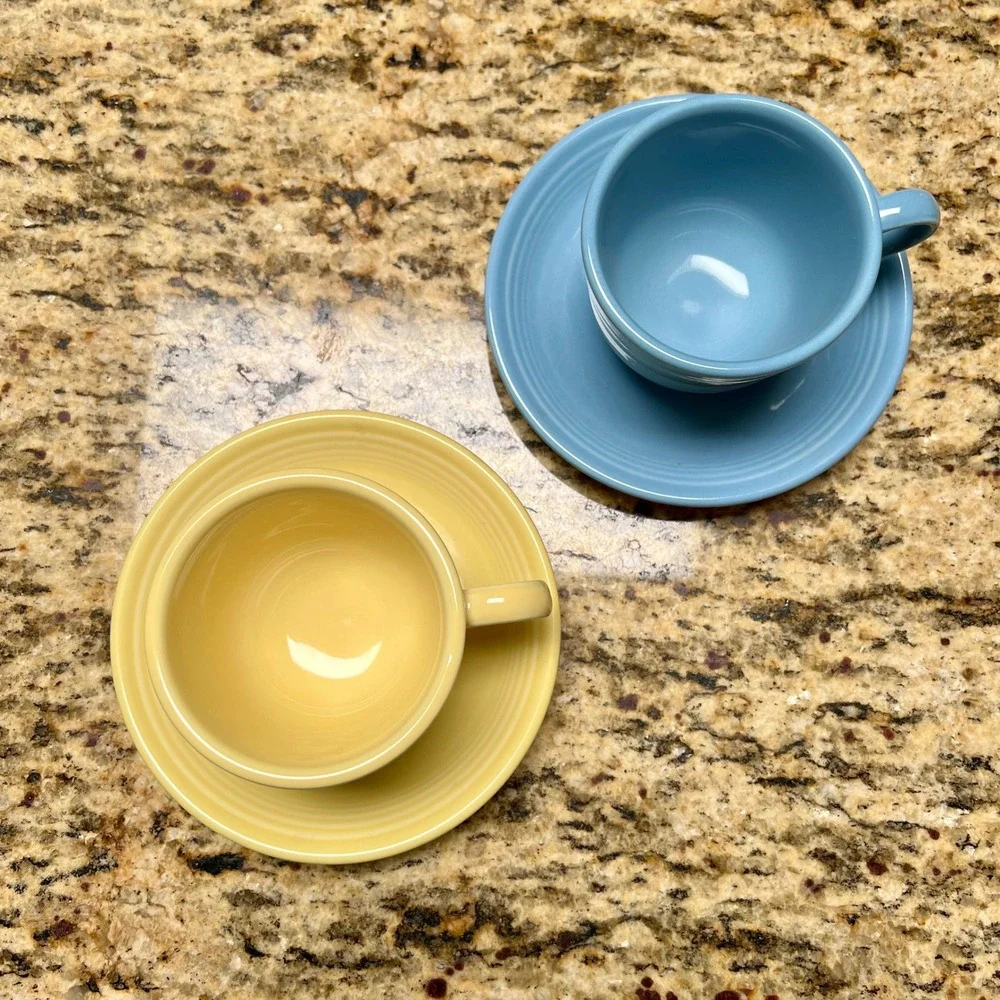 Homer Laughlin Fiestaware Teacup Saucer Sets Periwinkle‎ Blue Sunflower Yellow